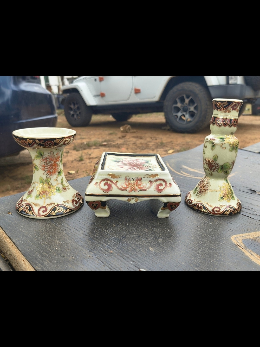 Vintage Chinese rose famille taper candle stick holders & bowl stand